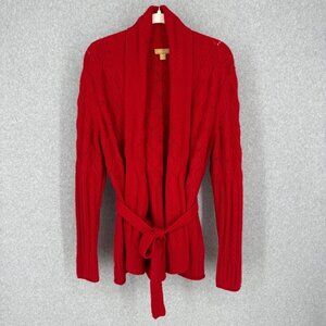Katherine Kelly Womens Cashmere Tie Waist Cardigan Sweater Size M Red Cable Knit